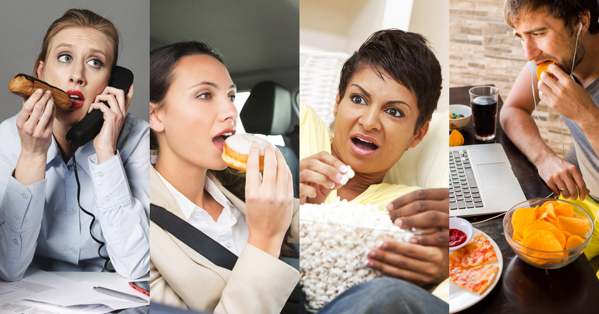 Collage of people eating mindlessly. The Difference Between Mindless and Mindful Eating