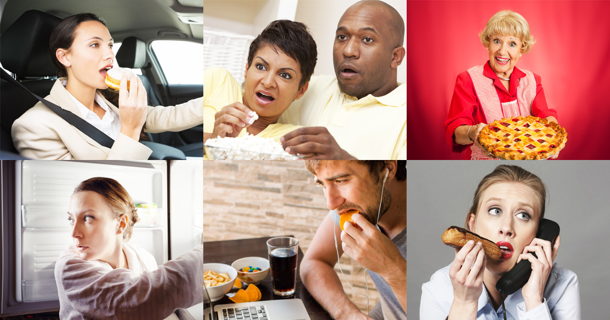 Collage of people eating mindlessly. The 10 Most Common Reasons Why We Eat Mindlessly